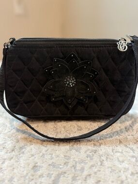 Vera Bradley Black Quilted Handbag Wristlet/ Clutch with Floral Medallion